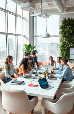 A modern startup office with an open-concept layout, featuring a young diverse team of professionals collaborating around a large table filled with laptops and brainstorming materials