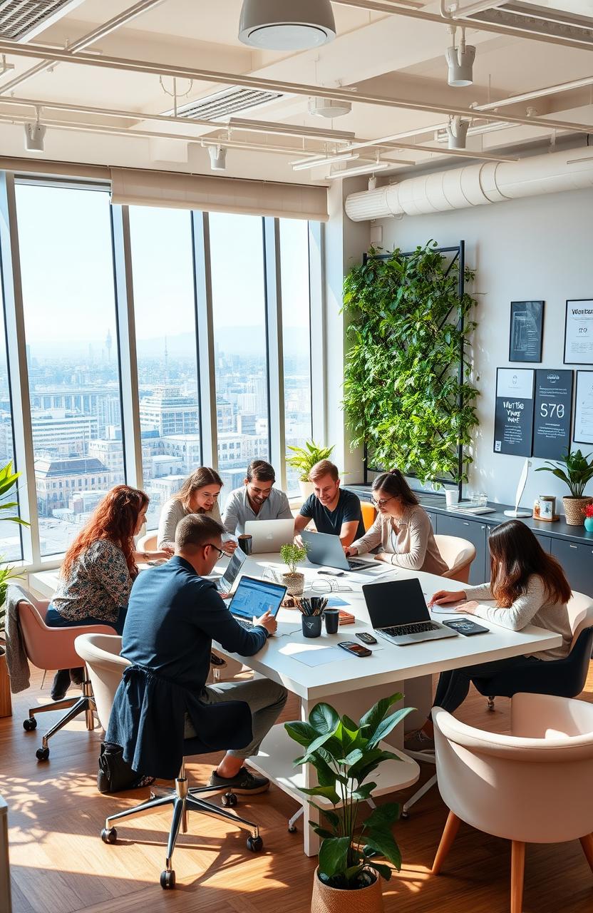 A modern startup office with an open-concept layout, featuring a young diverse team of professionals collaborating around a large table filled with laptops and brainstorming materials