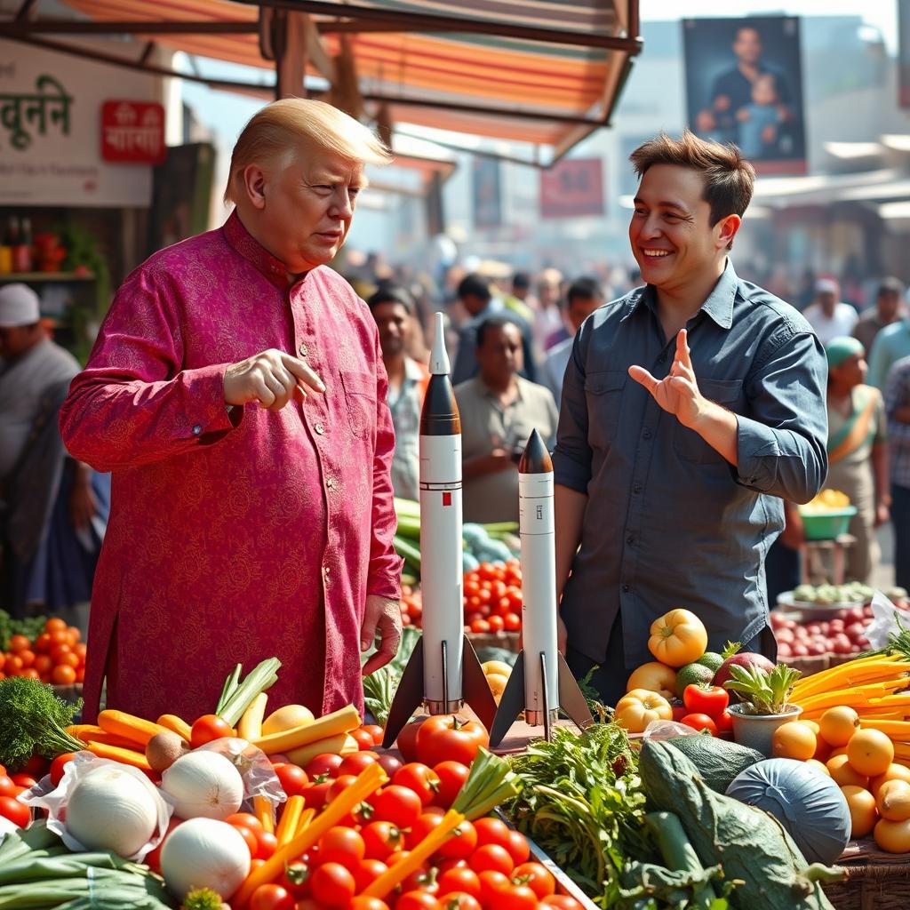 An imaginative scene depicting Donald Trump and Elon Musk at a bustling local vegetable market in India, where they are humorously selling miniature models of SpaceX rockets