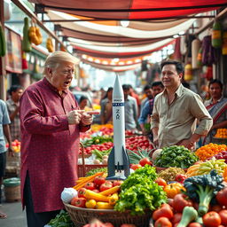 An imaginative scene depicting Donald Trump and Elon Musk at a bustling local vegetable market in India, where they are humorously selling miniature models of SpaceX rockets