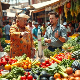 An imaginative scene depicting Donald Trump and Elon Musk at a bustling local vegetable market in India, where they are humorously selling miniature models of SpaceX rockets
