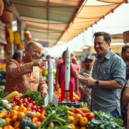 An imaginative scene depicting Donald Trump and Elon Musk at a bustling local vegetable market in India, where they are humorously selling miniature models of SpaceX rockets