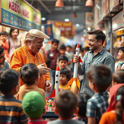 An imaginative and playful scene set in a lively kids' toy market in Delhi, featuring Donald Trump and Elon Musk selling colorful miniature SpaceX rockets