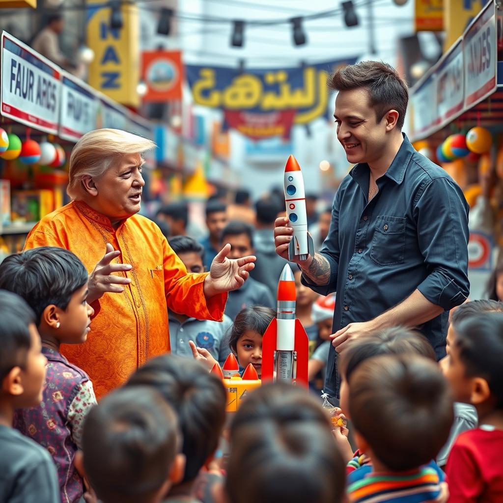 An imaginative and playful scene set in a lively kids' toy market in Delhi, featuring Donald Trump and Elon Musk selling colorful miniature SpaceX rockets