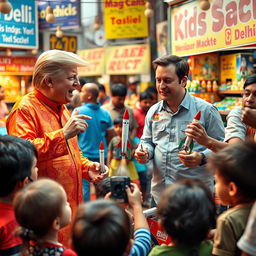 An imaginative and playful scene set in a lively kids' toy market in Delhi, featuring Donald Trump and Elon Musk selling colorful miniature SpaceX rockets