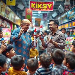 An imaginative and playful scene set in a lively kids' toy market in Delhi, featuring Donald Trump and Elon Musk selling colorful miniature SpaceX rockets