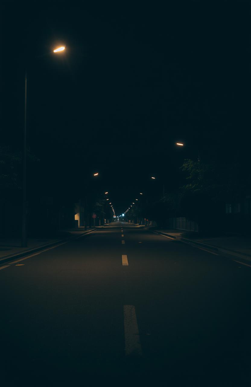 A desolate urban street at night, featuring dimly lit street lights casting a warm glow on the empty pavement