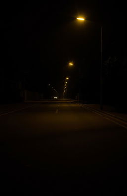 A desolate urban street at night, featuring dimly lit street lights casting a warm glow on the empty pavement