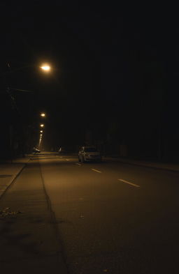 A desolate urban street at night, featuring dimly lit street lights casting a warm glow on the empty pavement