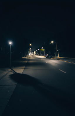 A desolate urban street at night, featuring dimly lit street lights casting a warm glow on the empty pavement
