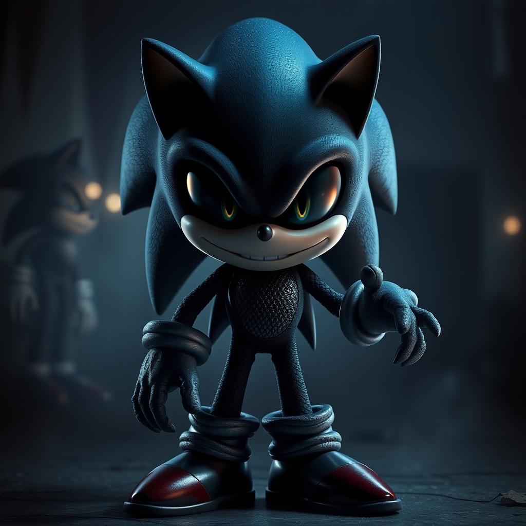 A dark and eerie version of Sonic the Hedgehog, featuring black eyes that reflect a sinister gleam and shimmering black scales covering his body