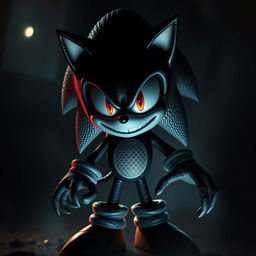 A dark and eerie version of Sonic the Hedgehog, featuring black eyes that reflect a sinister gleam and shimmering black scales covering his body