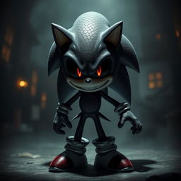 A dark and eerie version of Sonic the Hedgehog, featuring black eyes that reflect a sinister gleam and shimmering black scales covering his body