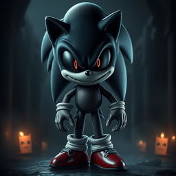 A dark and eerie version of Sonic the Hedgehog, featuring black eyes that reflect a sinister gleam and shimmering black scales covering his body