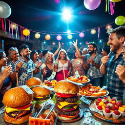 A vibrant scene depicting a lively outdoor party where money bills are playfully scattered among various delicious foods like gourmet burgers, colorful cupcakes, and fruit platters