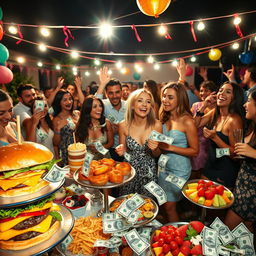 A vibrant scene depicting a lively outdoor party where money bills are playfully scattered among various delicious foods like gourmet burgers, colorful cupcakes, and fruit platters