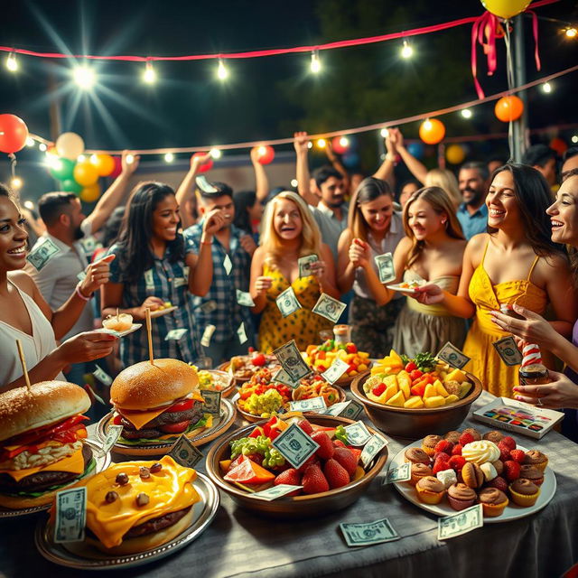 A vibrant scene depicting a lively outdoor party where money bills are playfully scattered among various delicious foods like gourmet burgers, colorful cupcakes, and fruit platters