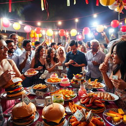 A vibrant scene depicting a lively outdoor party where money bills are playfully scattered among various delicious foods like gourmet burgers, colorful cupcakes, and fruit platters