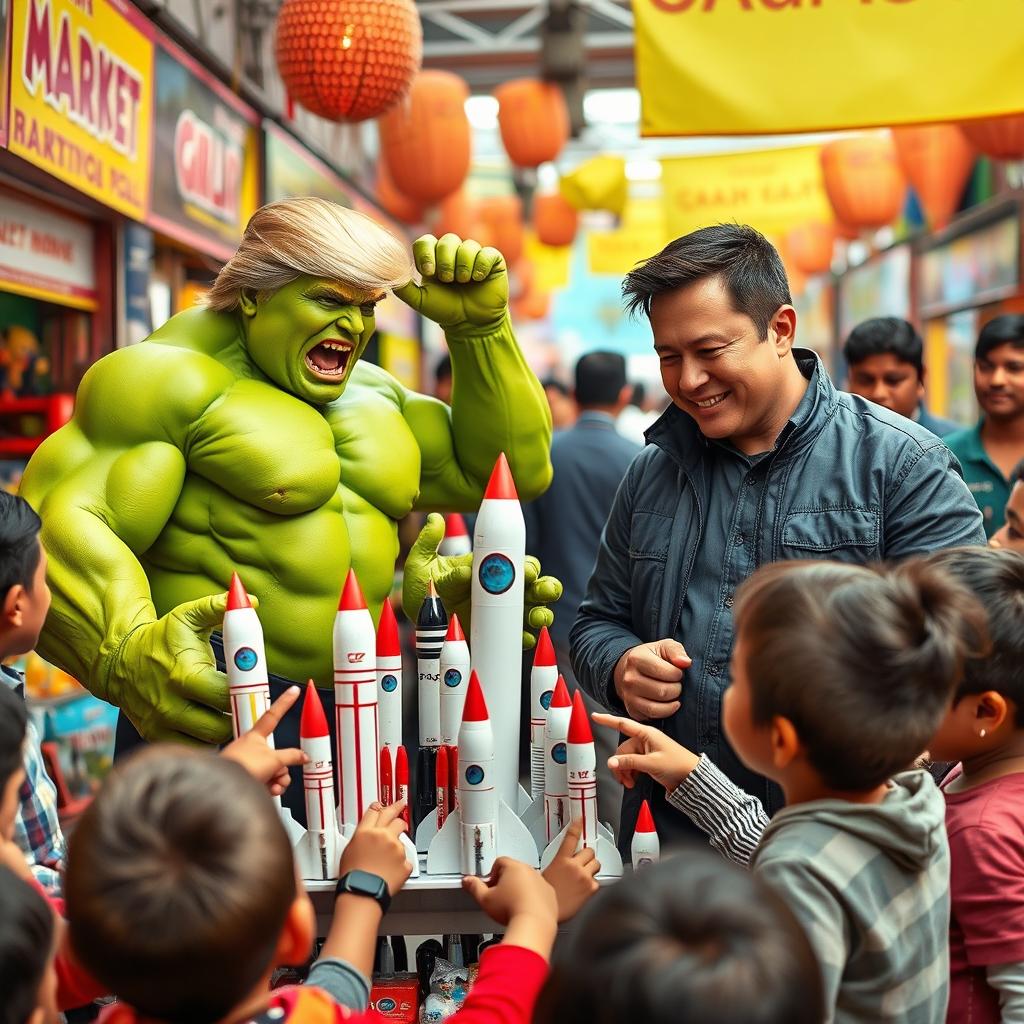 An imaginative and playful scene set in a vibrant kids' toy market in Delhi, featuring Donald Trump with a Hulk-like appearance, muscular and green-skinned, enthusiastically promoting colorful miniature SpaceX rockets