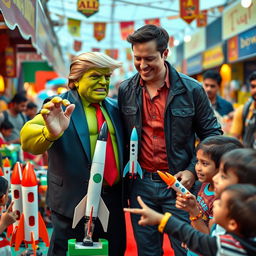 An imaginative and playful scene set in a vibrant kids' toy market in Delhi, featuring Donald Trump with a Hulk-like appearance, muscular and green-skinned, enthusiastically promoting colorful miniature SpaceX rockets