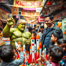 An imaginative and playful scene set in a vibrant kids' toy market in Delhi, featuring Donald Trump with a Hulk-like appearance, muscular and green-skinned, enthusiastically promoting colorful miniature SpaceX rockets
