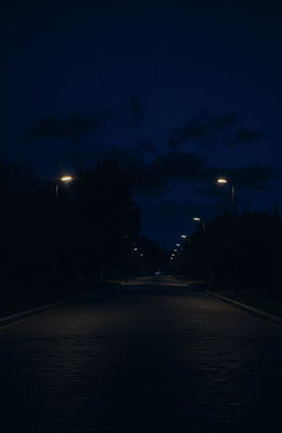 An empty street scene at night, featuring dimly lit street lights casting a soft glow on the pavement