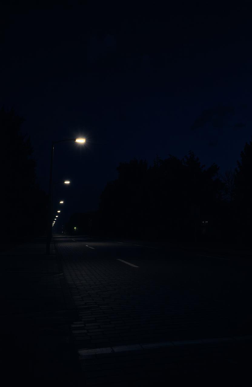 An empty street scene at night, featuring dimly lit street lights casting a soft glow on the pavement