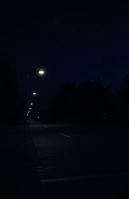An empty street scene at night, featuring dimly lit street lights casting a soft glow on the pavement