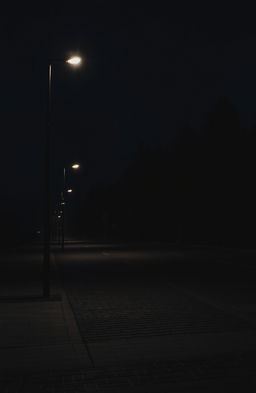 An empty street scene at night, featuring dimly lit street lights casting a soft glow on the pavement