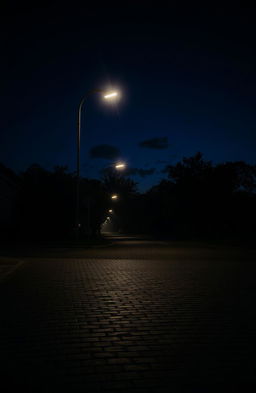An empty street scene at night, featuring dimly lit street lights casting a soft glow on the pavement