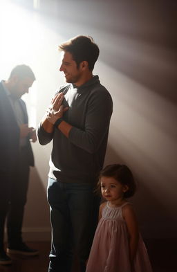 A romantic scene depicting a loving couple embracing in a warm, affectionate manner, surrounded by soft, glowing light that enhances their joy and happiness