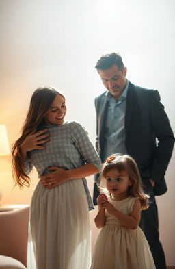 A romantic scene depicting a loving couple embracing in a warm, affectionate manner, surrounded by soft, glowing light that enhances their joy and happiness