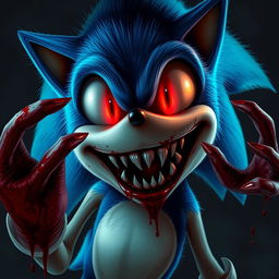 A realistic depiction of Sonic the Hedgehog with blood-red eyes, bloody hands, and a terrifyingly large smile showcasing sharp teeth