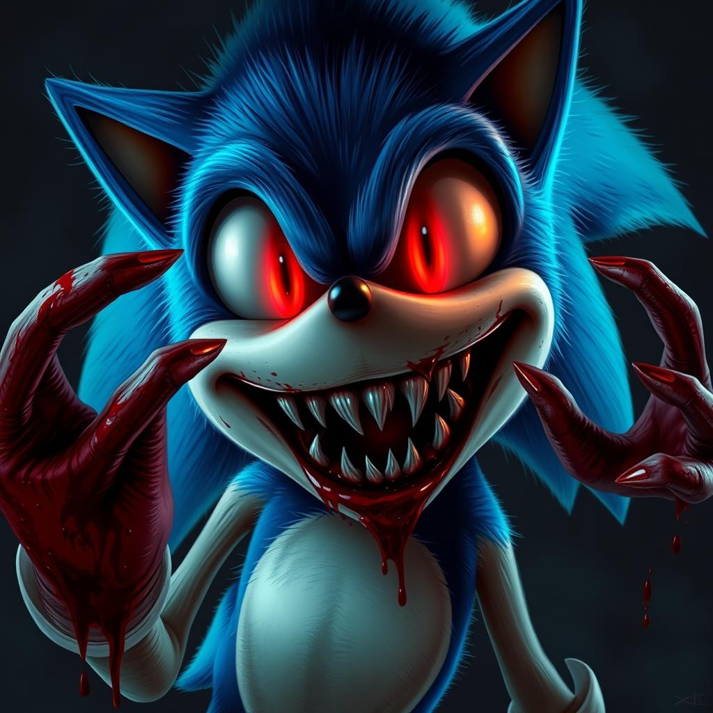 A realistic depiction of Sonic the Hedgehog with blood-red eyes, bloody hands, and a terrifyingly large smile showcasing sharp teeth