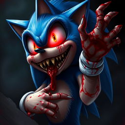 A realistic depiction of Sonic the Hedgehog with blood-red eyes, bloody hands, and a terrifyingly large smile showcasing sharp teeth
