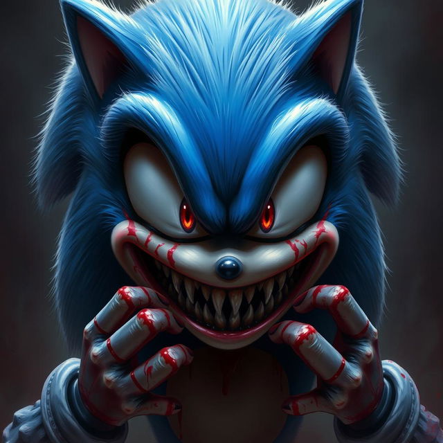 A realistic depiction of Sonic the Hedgehog with blood-red eyes, bloody hands, and a terrifyingly large smile showcasing sharp teeth