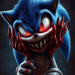 A realistic depiction of Sonic the Hedgehog with blood-red eyes, bloody hands, and a terrifyingly large smile showcasing sharp teeth
