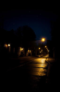 A serene and evocative scene of an empty street illuminated by dimly lit street lights at night