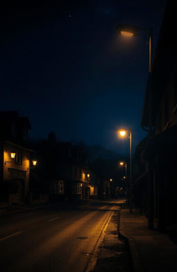A serene and evocative scene of an empty street illuminated by dimly lit street lights at night