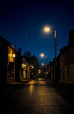 A serene and evocative scene of an empty street illuminated by dimly lit street lights at night