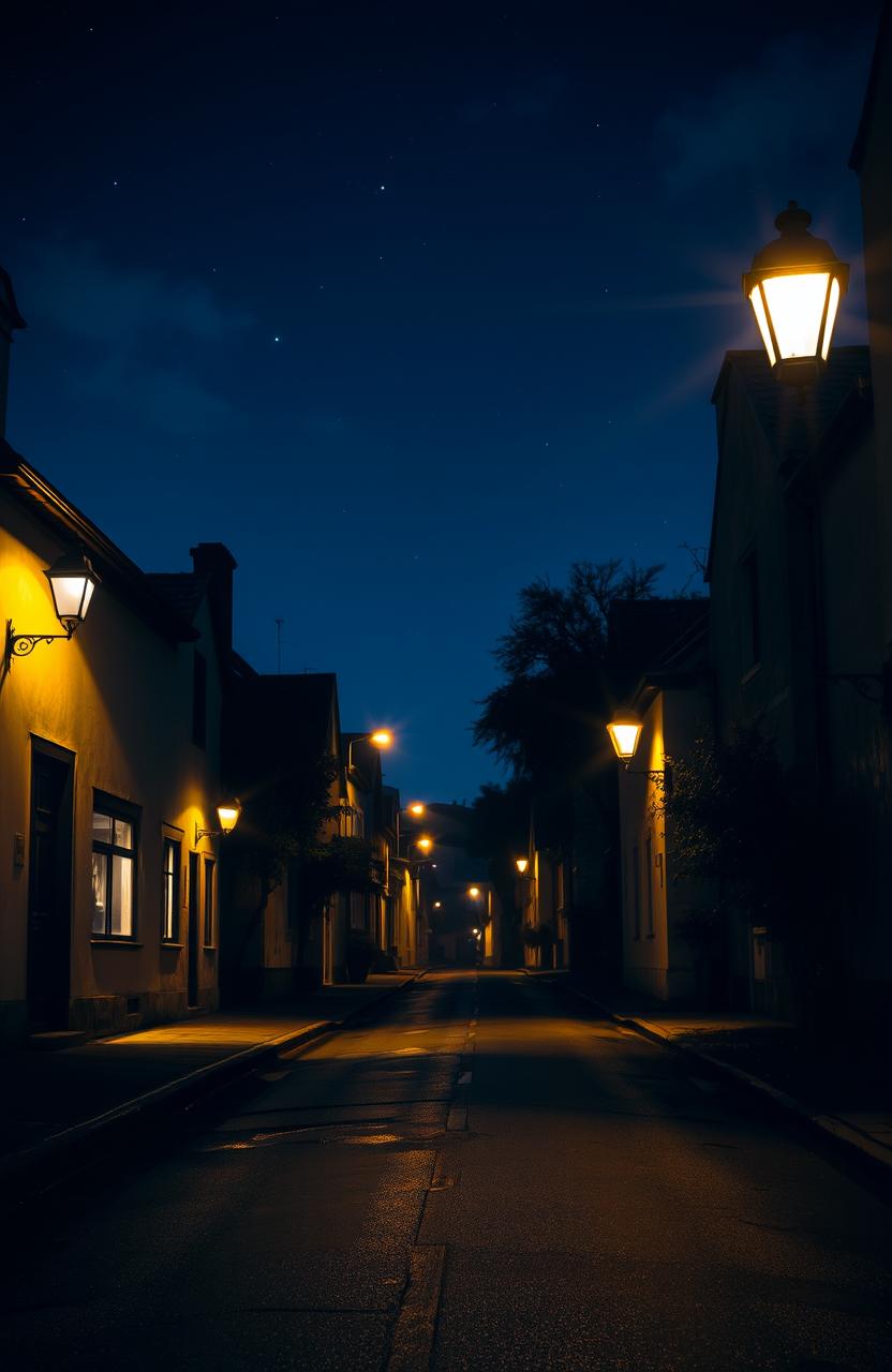 A serene and evocative scene of an empty street illuminated by dimly lit street lights at night