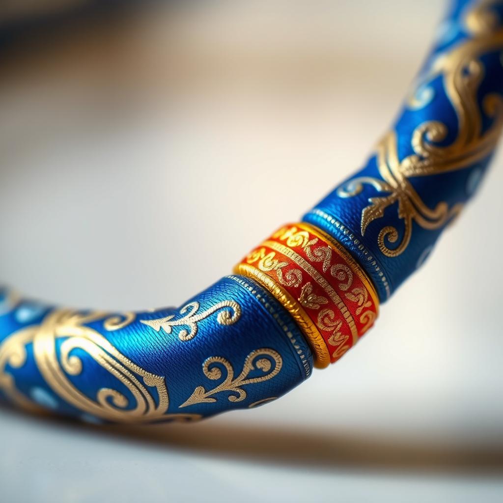 A beautifully designed cord featuring intricate details, with a central focus on the transformation of a blue section into a shimmering golden hue