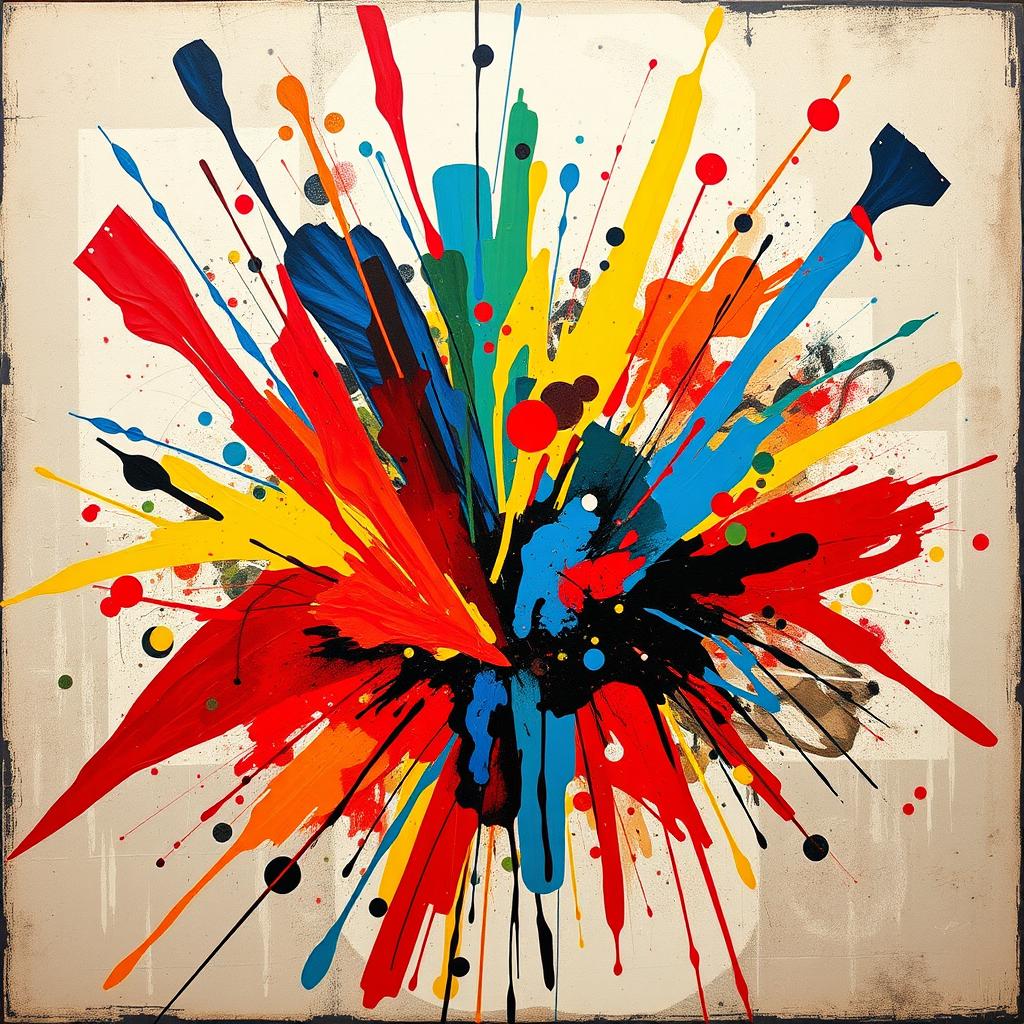 A stunning abstract representation of modern art, featuring bold splashes of color in a chaotic yet harmonious arrangement