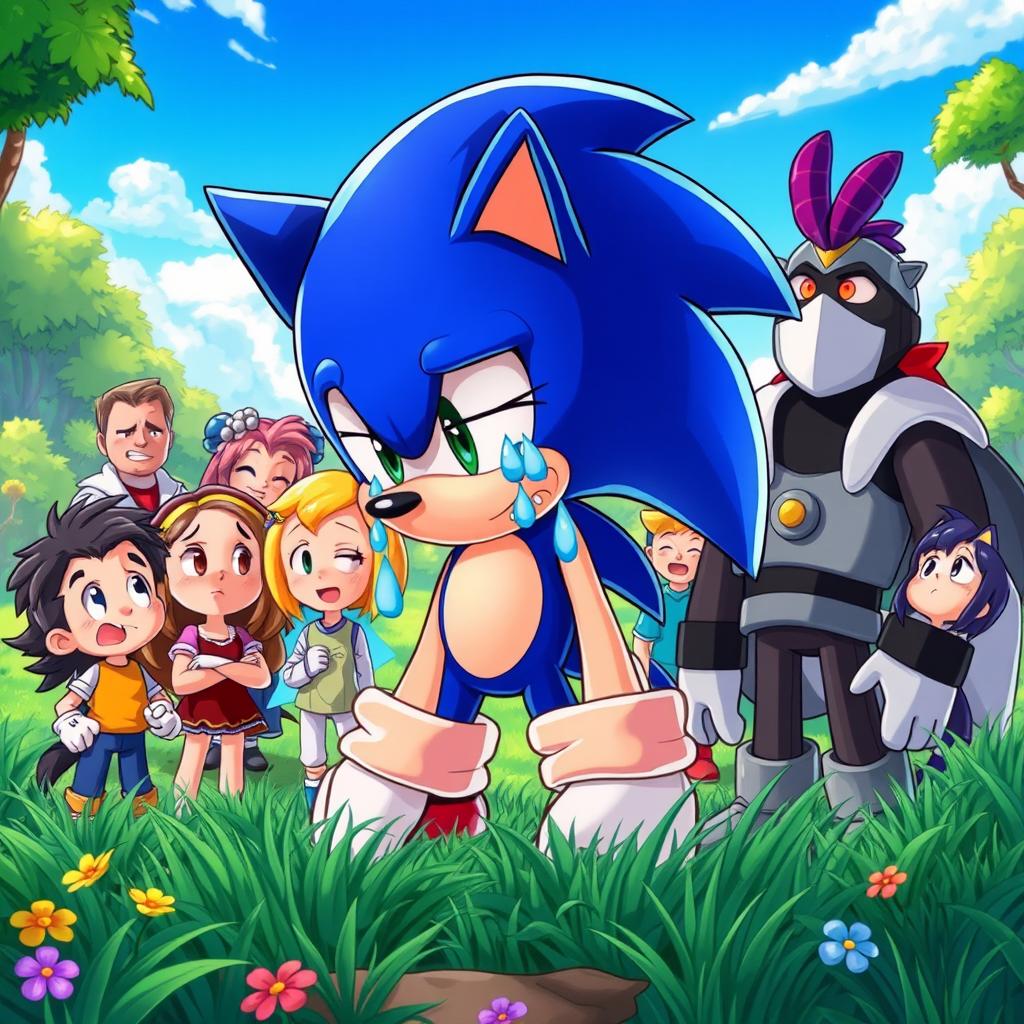 Sonic the Hedgehog, depicted as a humanoid character, is surrounded by a group of diverse characters, all with tears streaming down their faces, reflecting a deep emotional moment
