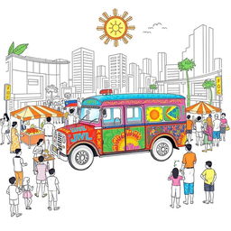A vibrant and detailed drawing representing contemporary Filipino culture, focusing on one subject - a traditional Filipino jeepney