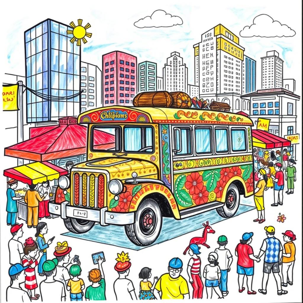 A vibrant and detailed drawing representing contemporary Filipino culture, focusing on one subject - a traditional Filipino jeepney