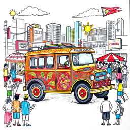 A vibrant and detailed drawing representing contemporary Filipino culture, focusing on one subject - a traditional Filipino jeepney