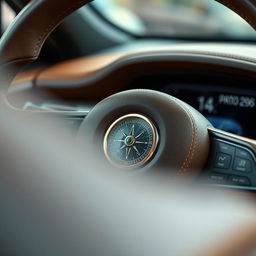 A close-up view of a modern steering wheel that seamlessly incorporates a compass at its center