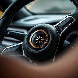 A close-up view of a modern steering wheel that seamlessly incorporates a compass at its center