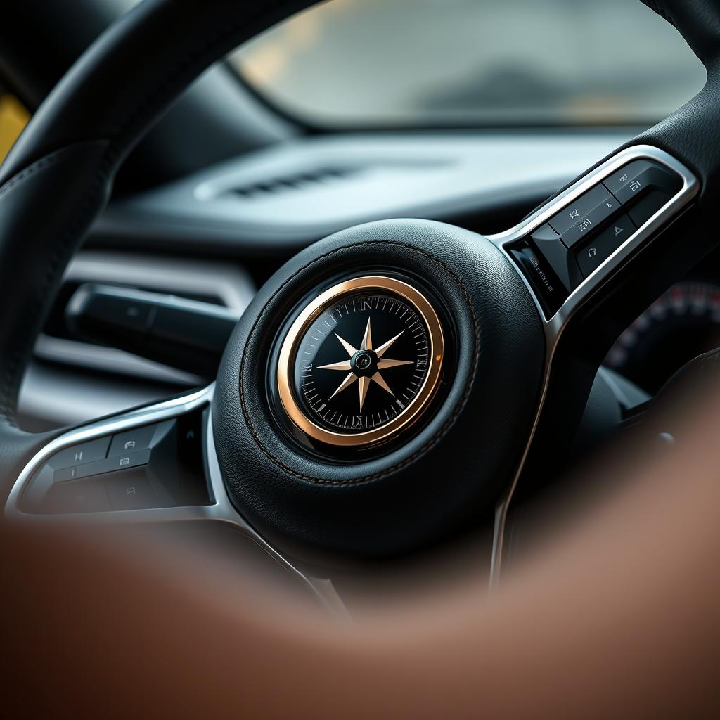 A close-up view of a modern steering wheel that seamlessly incorporates a compass at its center